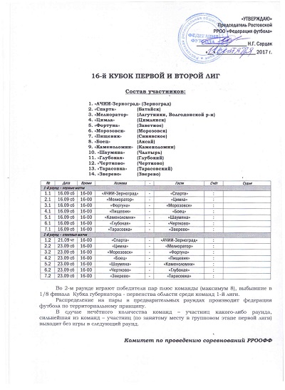 XVI Кубок первой и второй лиг. Расписание первого раунда турнира.